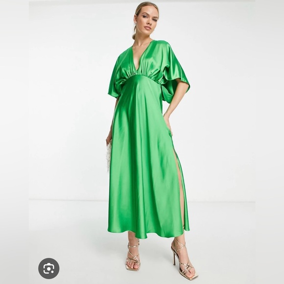 ASOS Design v front batwing sleeve satin midi dress in bright green